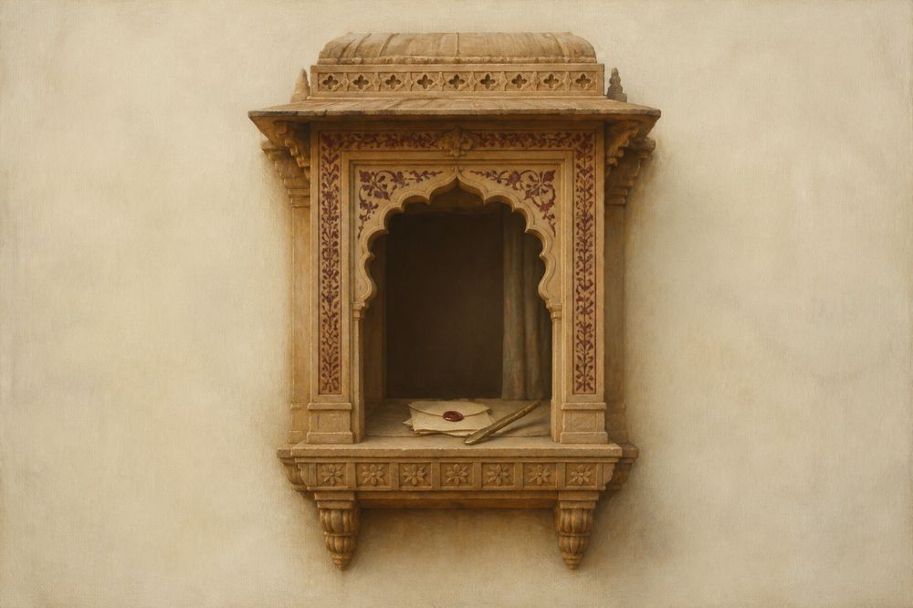 A carved stone jharokha niche with a sealed letter resting inside it.