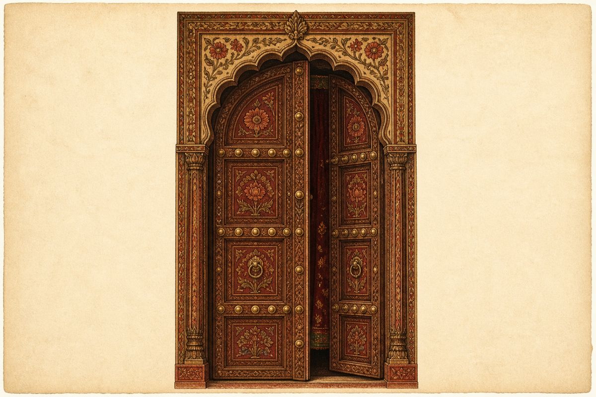 A painted haveli door in Calcutta, half open.