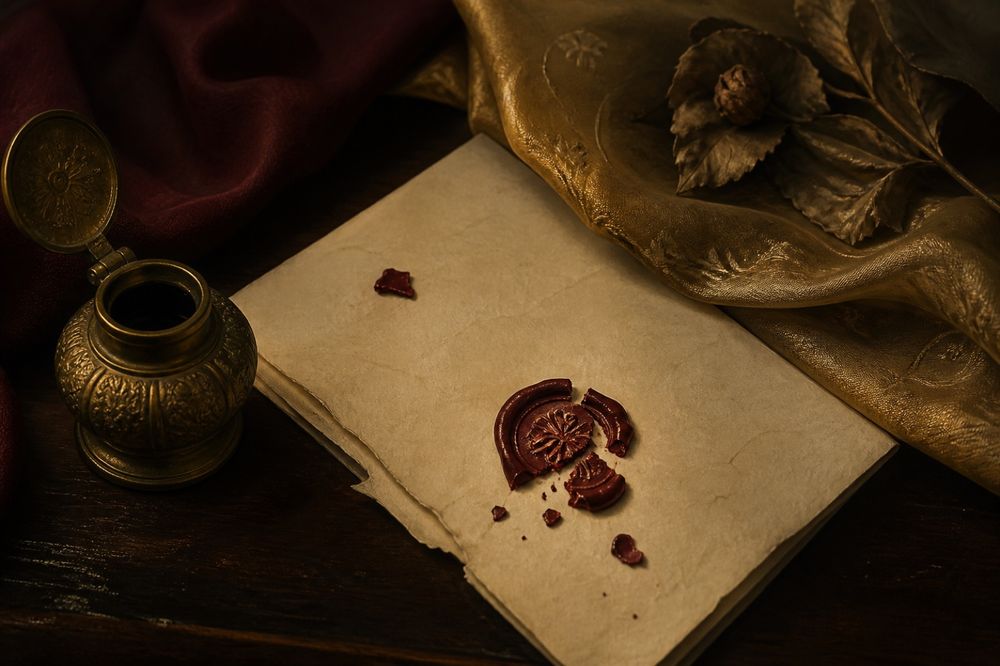 A folded cotton-rag letter with a cracked burgundy wax seal, silk and brass behind it.